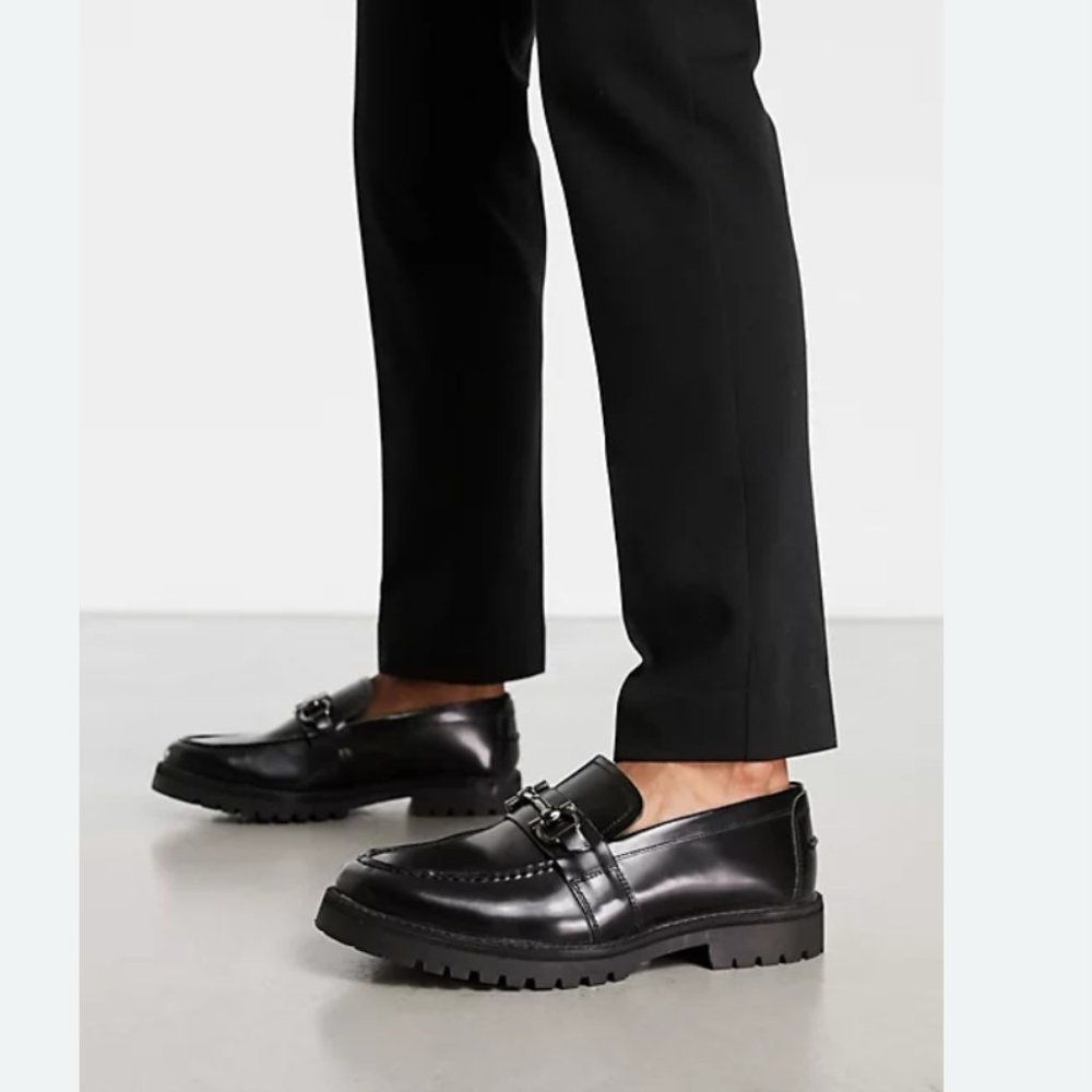 Silver Street Chunky Sole Trim Loafers In Black Leather Size 10